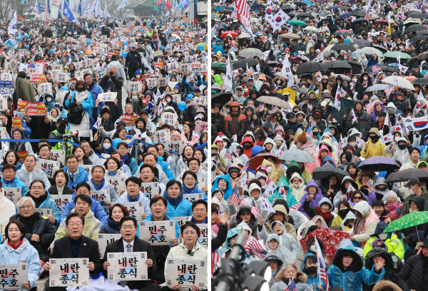 삼일절인 지난 1일 서울 곳곳에서 윤석열 대통령 탄핵 찬반 집회가 열리고 있다. 왼쪽은 안국동 야 5당 공동 파면 촉구 범국민대회. 오른쪽은 세종대로 대한민국바로세우기국민운동본부 탄핵 반대 집회. /사진=연합뉴스