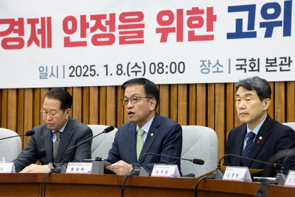 @ 최상목 대통령 권한대행 경제부총리 겸 기획재정부 장관(사진 가운데)이 8일 서울 여의도 국회에서 열린 고위당정협의회에서 발언하고 있다. /사진=연합뉴스
