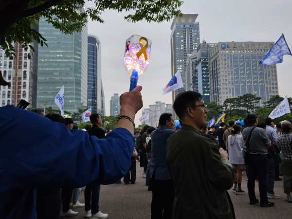 2일 여의도공원에서 이재명 더불어민주당 대선 후보를 응원하기 위한 응원봉들이 보이고 있다. /사진=김희선 기자