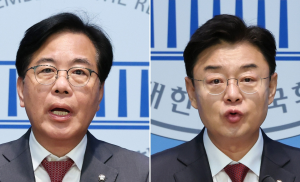 12일 국민의힘 차기 원내대표 출마를 선언한 송언석, 김성원 의원. /사진=연합뉴스