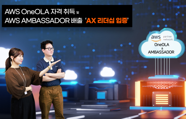 SK AX가 AWS로부터 획득한 'AWS 원올라'(OneOLA) 자격 및 'AWS 앰버서더' 배출 관련 홍보 이미지./사진=SK AX