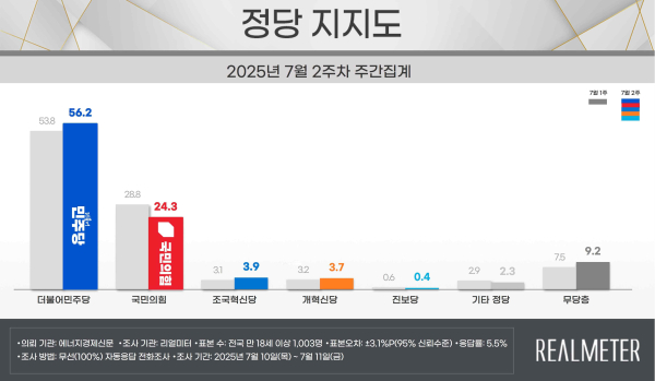 리얼미터 7월 2주차 정당 지지도. /자료=리얼미터 제공